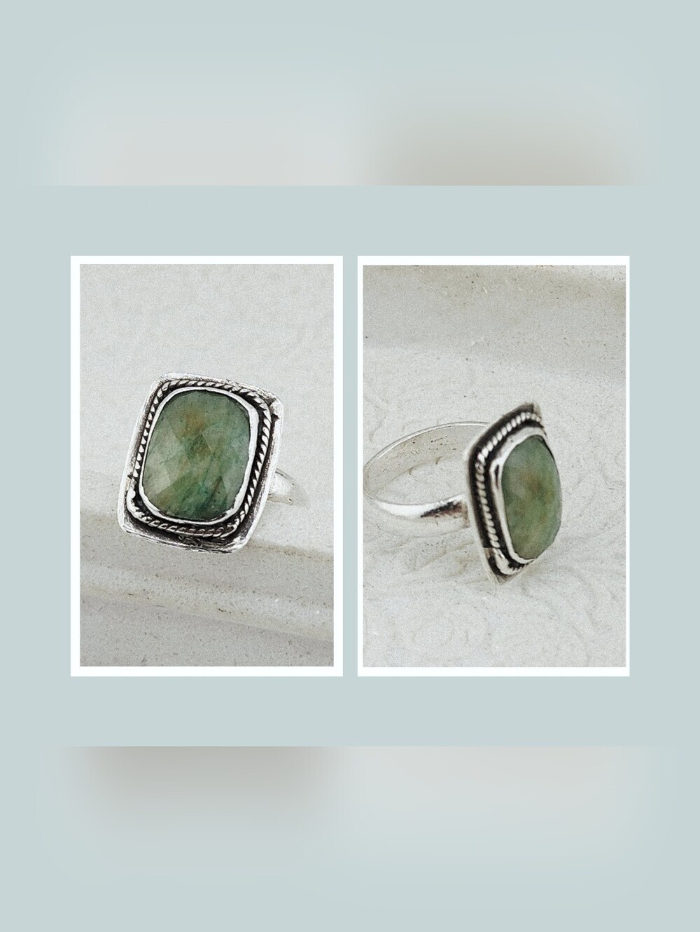 EMERALD GENUINE RING HANDMADE WITH RECYCLED STERLING SILVER METAL SZ 7.5